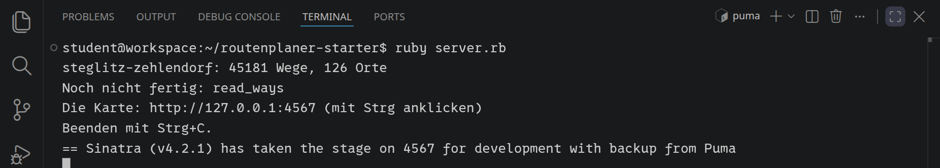 Im Terminal läuft server.rb: steglitz-zehlendorf: 45181 Wege, 126 Orte, »Noch nicht fertig: read_ways«, die Adresse der Karte zum Anklicken, und Sinatra hat auf Port 4567 begonnen.