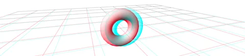 Ein rot-cyan gezeichneter Ring über einem Gitter, zum Ansehen mit einer 3D-Brille