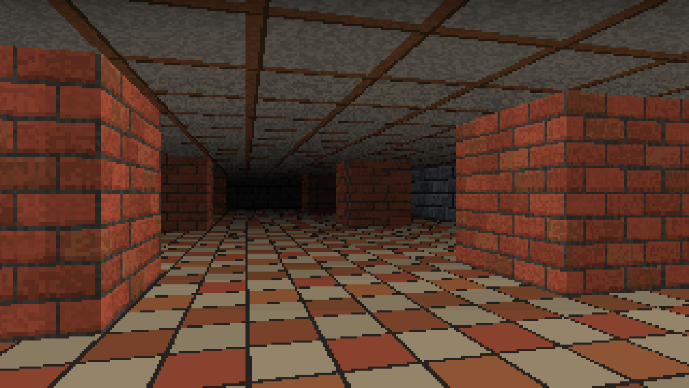 Ziegelwände über einem Boden aus beigen und terrakottafarbenen Fliesen, die nach hinten kleiner werden, darüber eine Decke aus Putzfeldern zwischen dunklen Holzbalken.