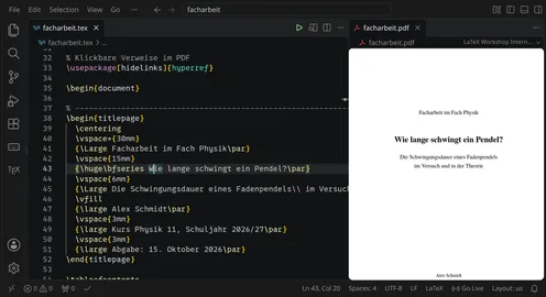 VS Code mit dem LaTeX-Quelltext einer Facharbeit links und dem fertigen Titelblatt als PDF rechts