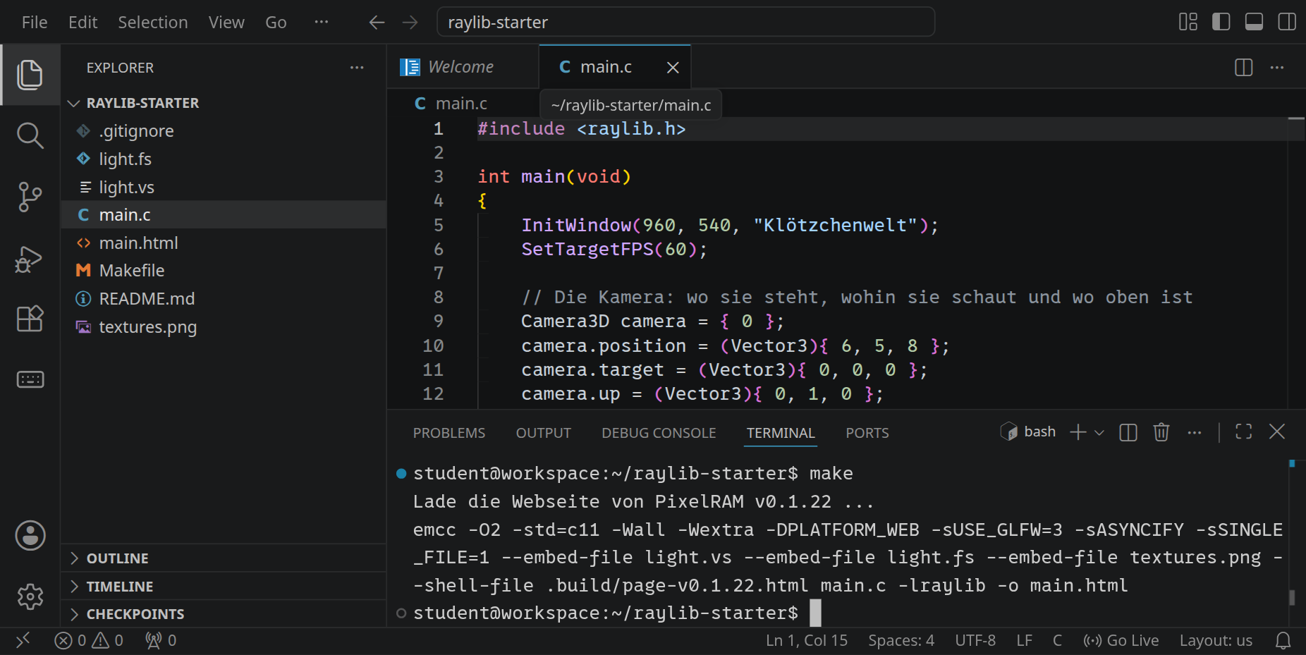 Der Workspace mit main.c im Editor; im Terminal darunter hat make die Datei main.html erzeugt.