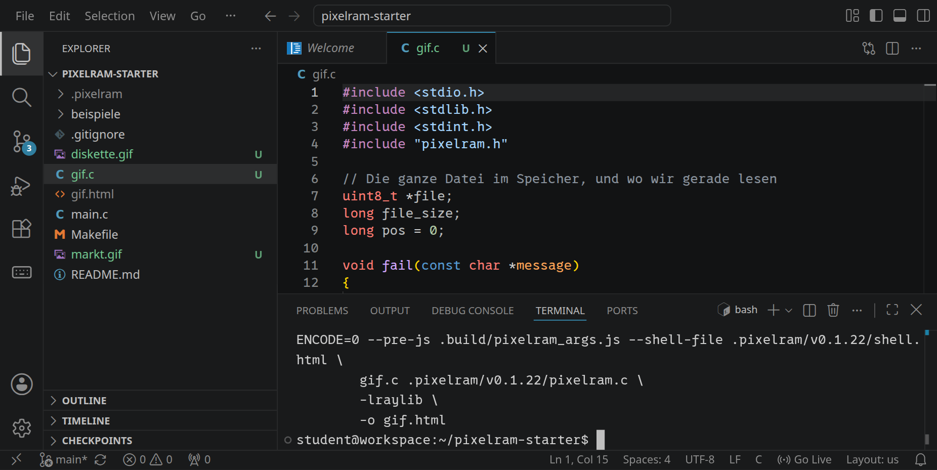 Der Workspace mit gif.c im Editor und den beiden GIF-Dateien im Explorer; im Terminal darunter hat make PROGRAM=gif ARGS=diskette.gif die Datei gif.html erzeugt.