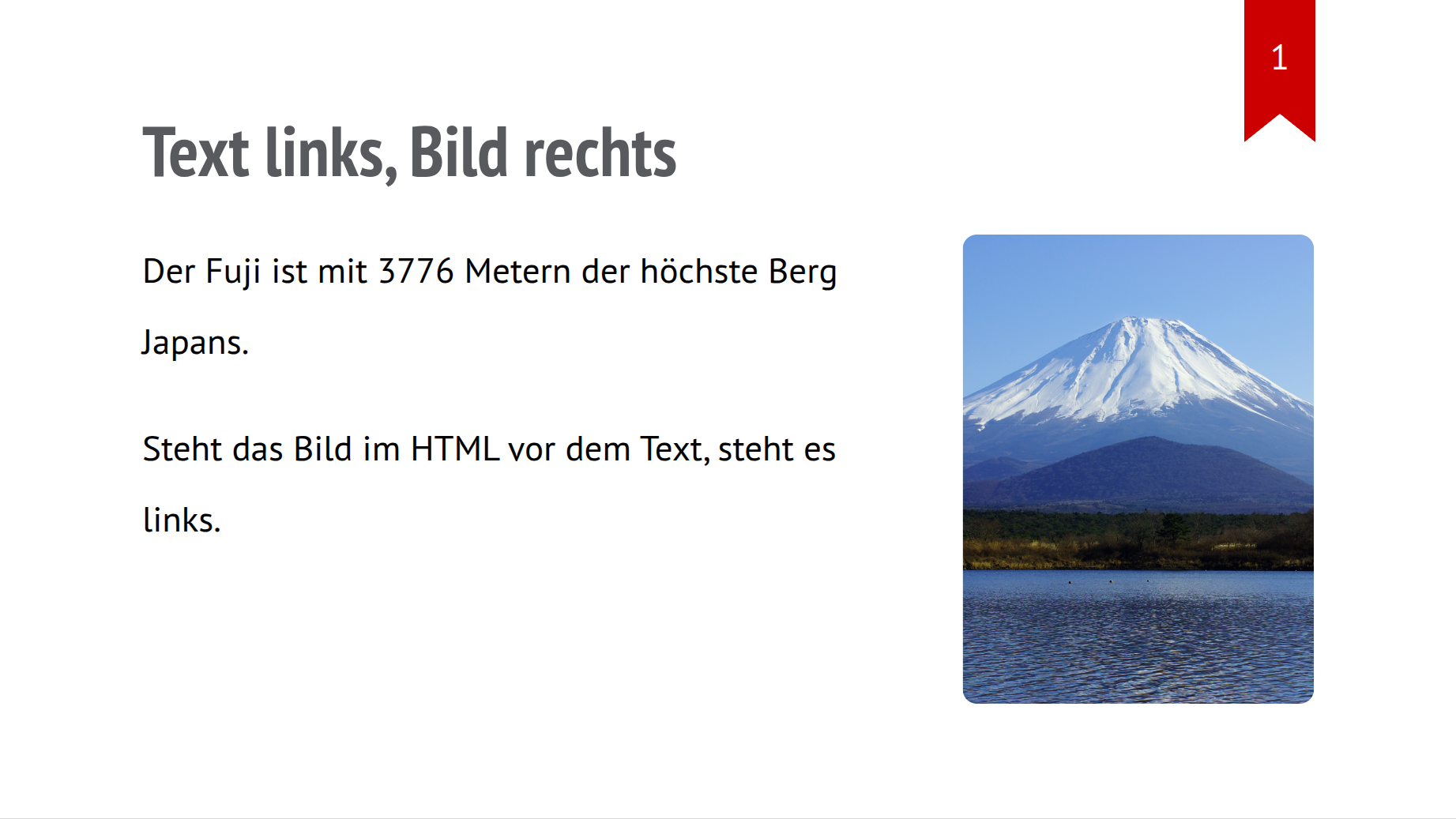 Eine Folie mit zwei Absätzen links und einem hochkant zugeschnittenen Foto des Fuji rechts.