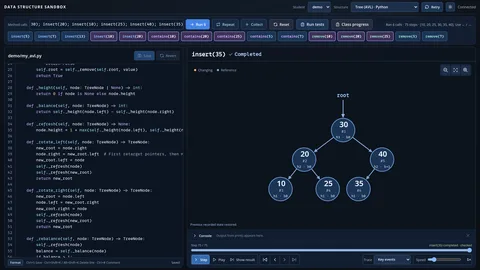 Die Datenstruktur-Sandbox mit Python-Code eines AVL-Baums links und dem gezeichneten Baum mit der Wurzel 30 rechts