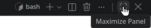 Rechts oben im Terminal das Symbol zum Maximieren, der Mauszeiger darauf, darunter der Hinweis »Maximize Panel«.