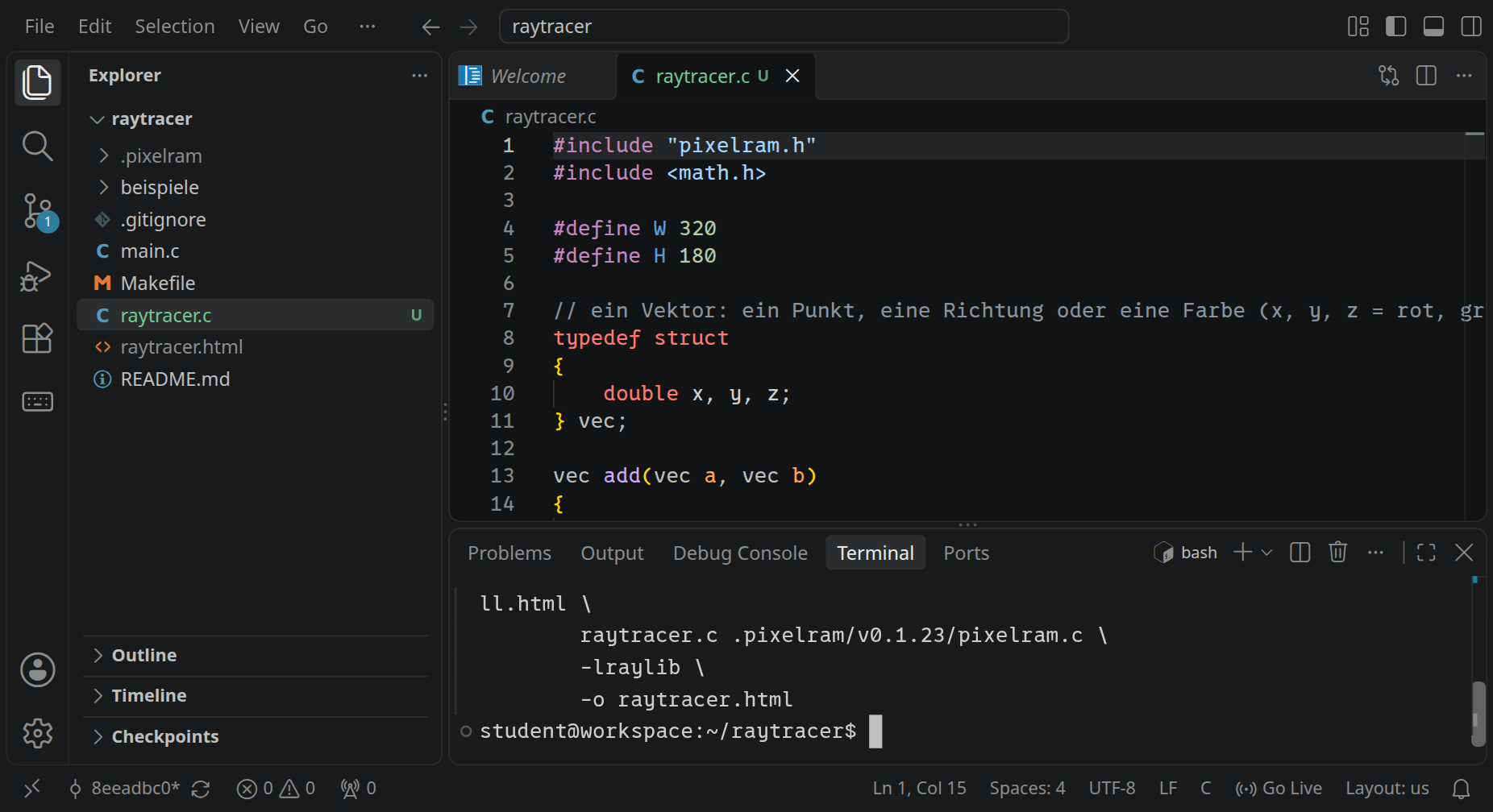 Der Workspace mit dem Ordner raytracer: links die Dateien, oben raytracer.c im Editor, unten im Terminal hat make die Datei raytracer.html erzeugt.