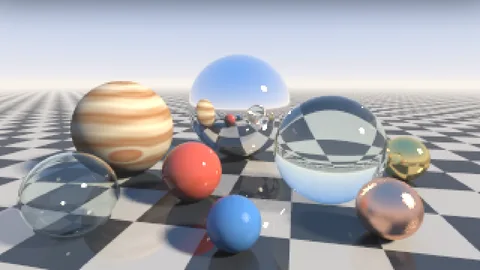 Ein gerendertes Bild: ein gestreifter Planet, eine Spiegelkugel, eine volle und eine hohle Glaskugel, glänzende bunte Kugeln und Kugeln aus Gold und Kupfer auf einem Schachbrett unter hellem Himmel, mit weichen Schatten