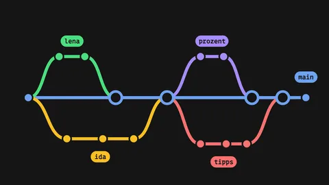 Ein Graph von Commits: Von der blauen Linie main zweigen die Branches lena, ida, prozent und tipps in Grün, Orange, Lila und Rot ab und führen wieder in sie zurück.