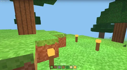 Eine Blockwelt mit Bäumen auf grüner Wiese, unten eine Leiste mit Blöcken zum Bauen