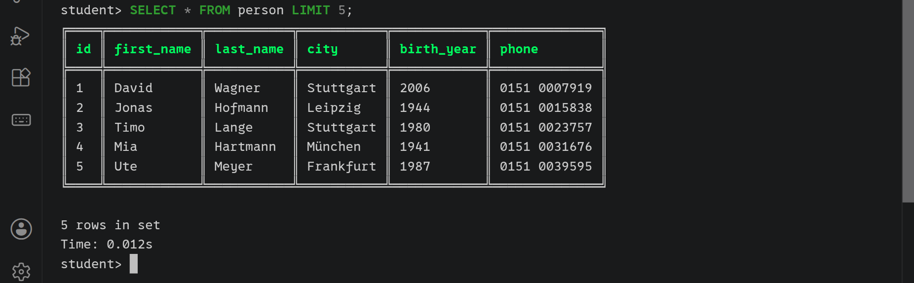 mycli zeigt die ersten fünf Zeilen von person, mit id, first_name, last_name, city, birth_year und phone, etwa David Wagner aus Stuttgart, 2006, 0151 0007919.