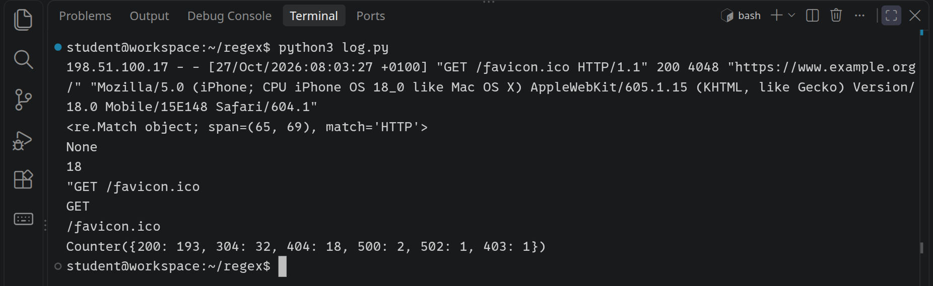 python3 log.py gibt unter den Zeilen von vorhin den ganzen Treffer, GET und /favicon.ico aus, in der letzten Zeile Counter mit 200: 193, 304: 32, 404: 18, 500: 2, 502: 1 und 403: 1.