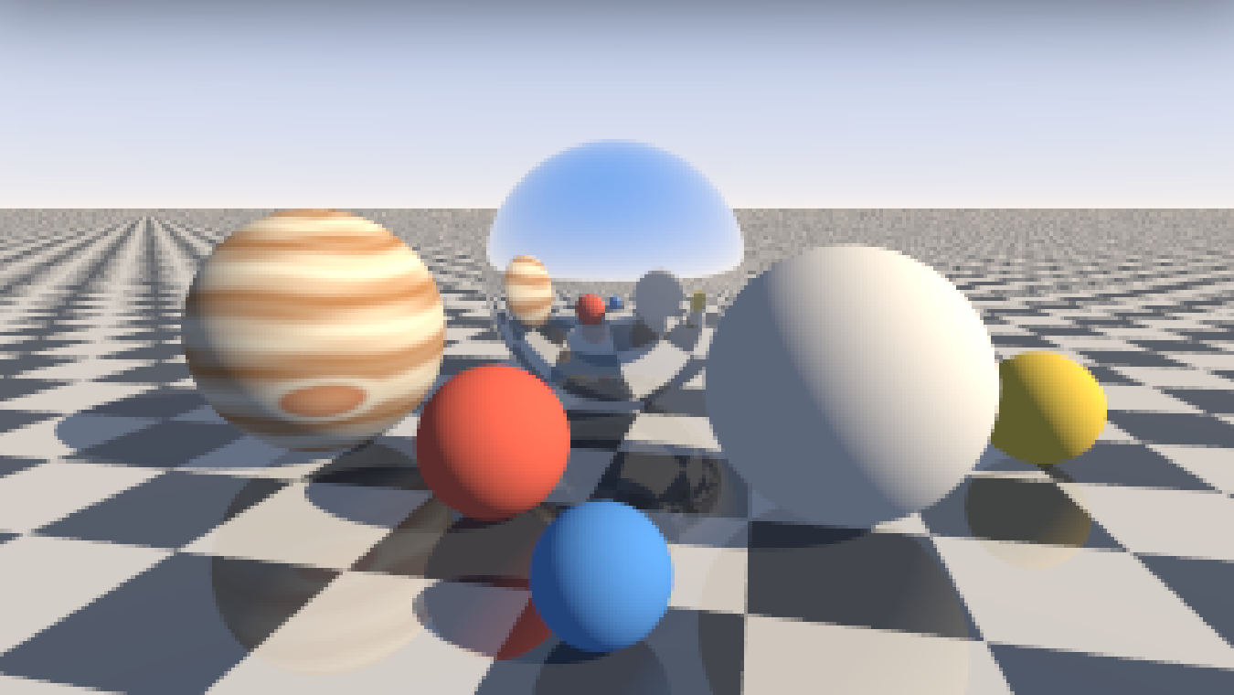 Die große Kugel hinten ist ein Spiegel: In ihr sieht man verzerrt den Planeten, die kleinen Kugeln, das Schachbrett und den Himmel. Auch das Schachbrett spiegelt die Kugeln schwach.