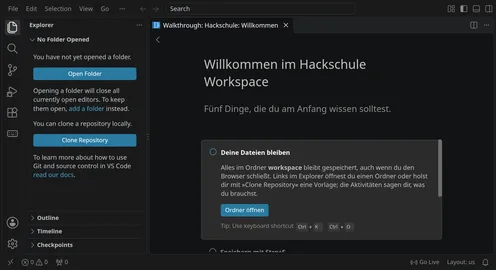 VS Code im Browser mit der Einführung »Willkommen im Hackschule Workspace« und dem leeren Explorer
