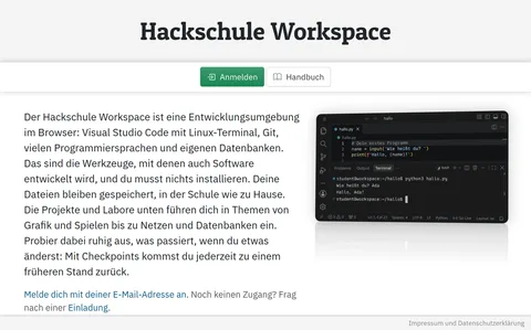Die Startseite des Workspace mit einem kurzen Text, daneben VS Code mit einem kleinen Python-Programm im Terminal