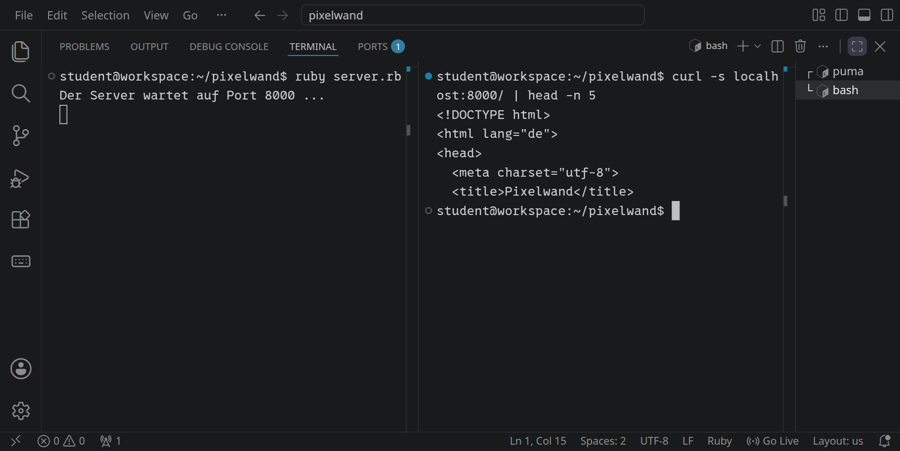 Links wartet der neu gestartete Server, rechts zeigt curl die ersten Zeilen der neuen Seite mit dem Titel »Pixelwand«.