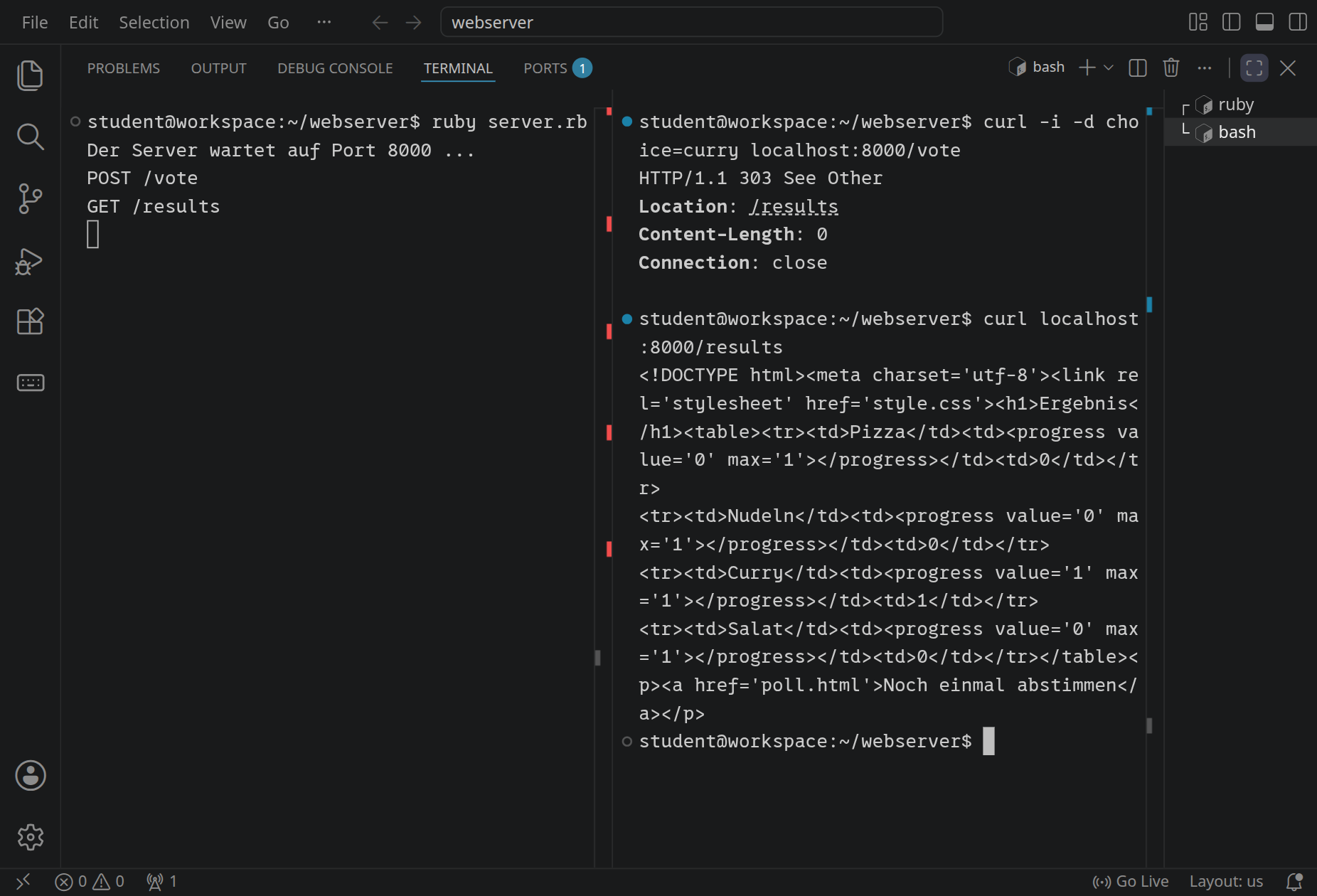 Rechts antwortet der Server auf die Stimme mit 303 See Other und Location: /results, danach zeigt curl das HTML der Ergebnisseite: eine Tabelle mit einem progress-Element für jede Antwort, bei Curry value 1. Links stehen POST /vote und GET /results.