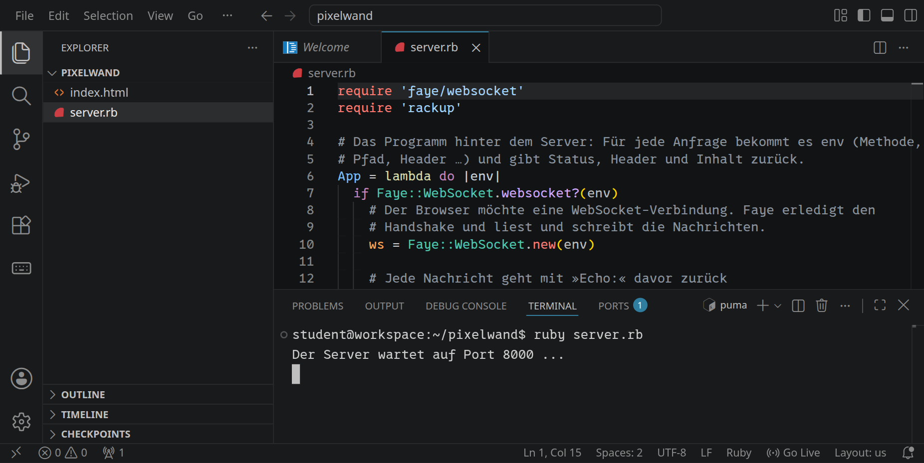 Der Ordner pixelwand mit index.html und server.rb; server.rb ist offen, im Terminal wartet der Server auf Port 8000.