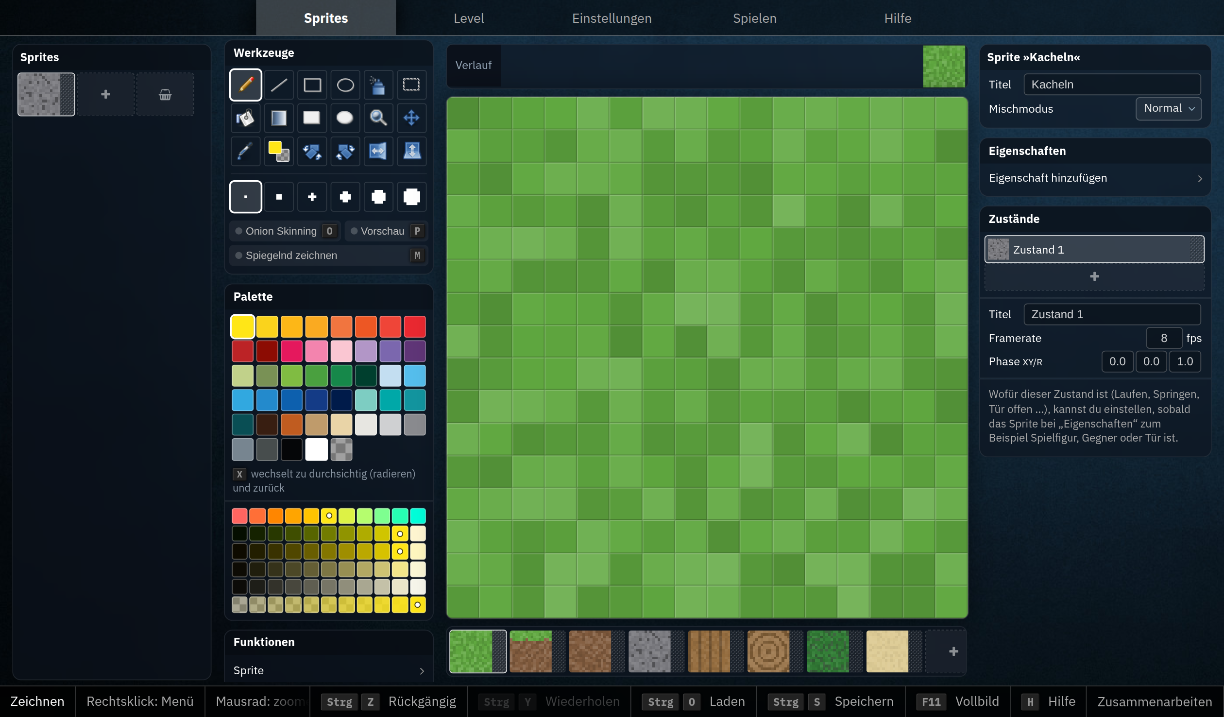 Das 2D Game Studio: ein Sprite »Kacheln« mit 16 × 16 Pixeln, auf der Zeichenfläche die Graskachel, darunter die acht Kacheln als Frames.