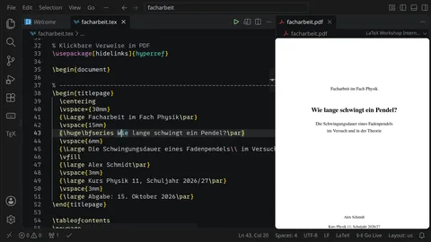 VS Code mit dem LaTeX-Quelltext einer Facharbeit links und dem fertigen Titelblatt als PDF rechts