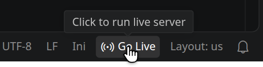 Unten rechts in der Statusleiste der Knopf »Go Live« mit dem Mauszeiger darauf und dem Hinweis »Click to run live server«.