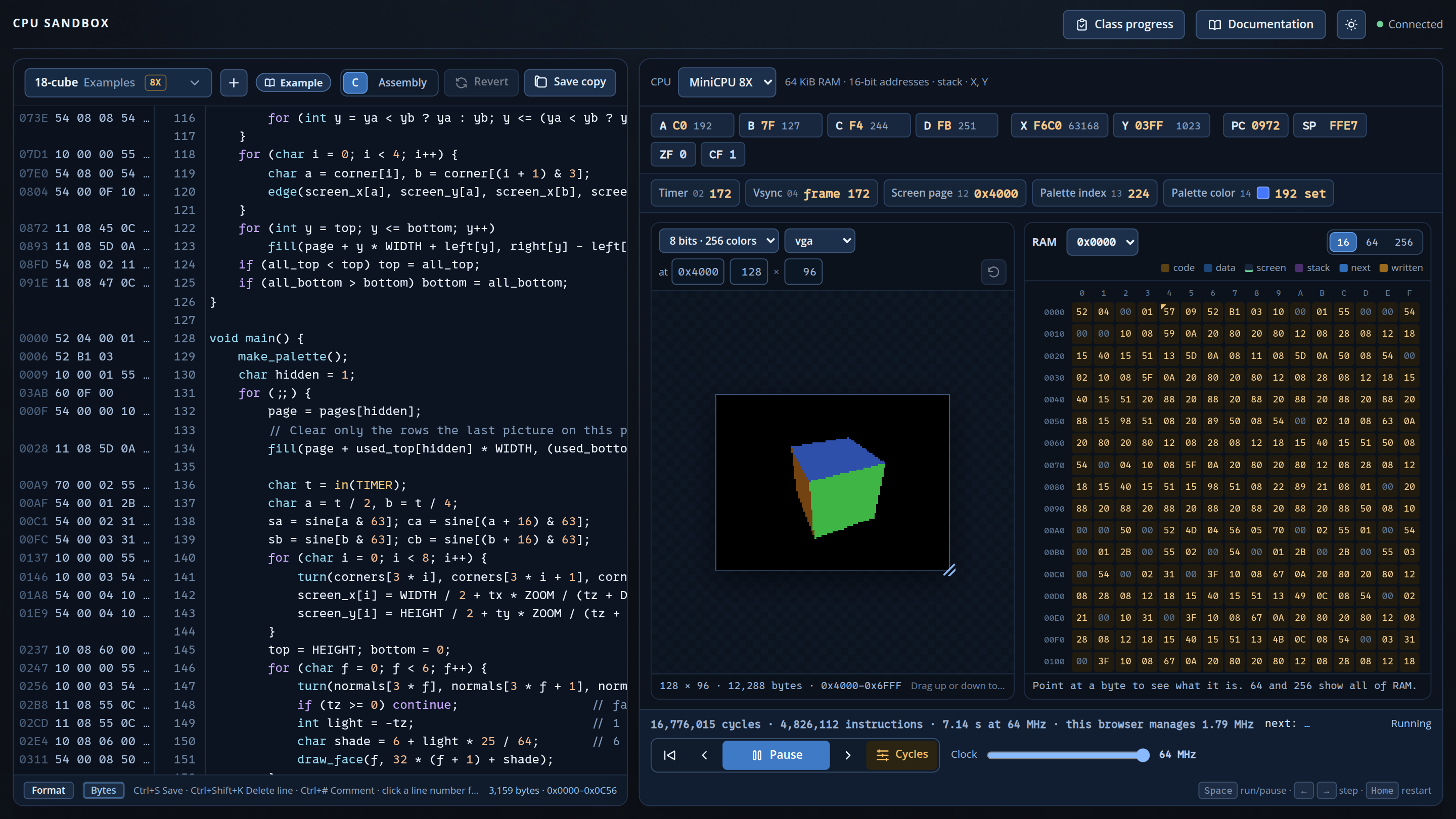 MiniCPU 8X berechnet einen rotierenden, schattierten Würfel aus einem C-Programm.