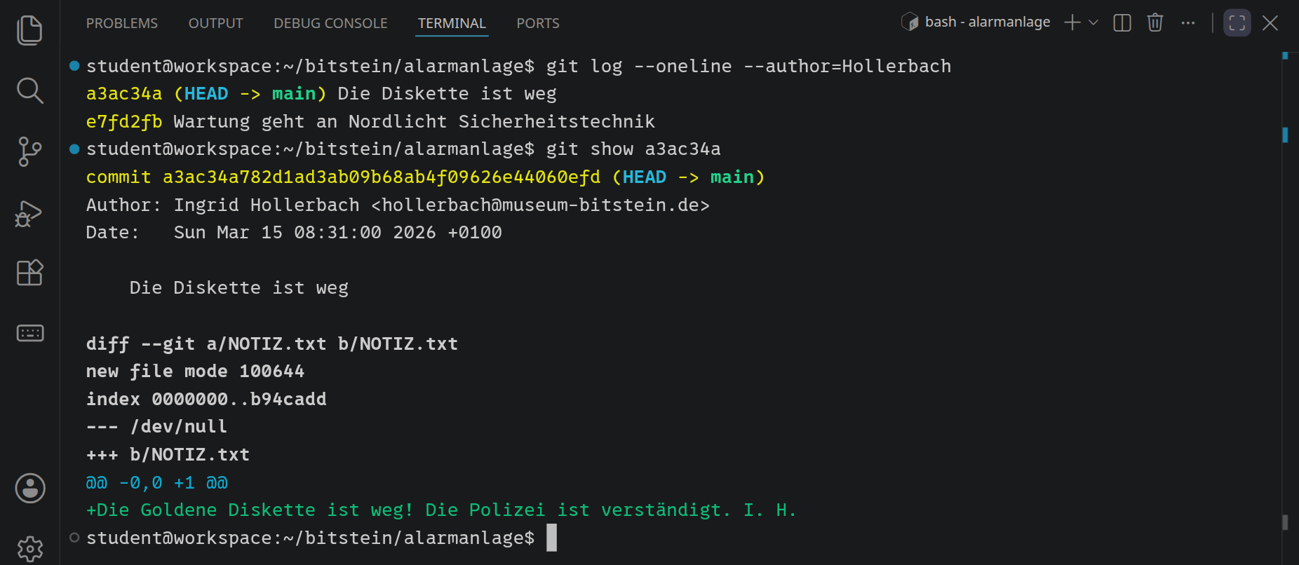 Zwei Commits von Ingrid Hollerbach. Darunter der Commit »Die Diskette ist weg« vom 15. März, 8:31 Uhr, der die Datei NOTIZ.txt mit einer Zeile anlegt.