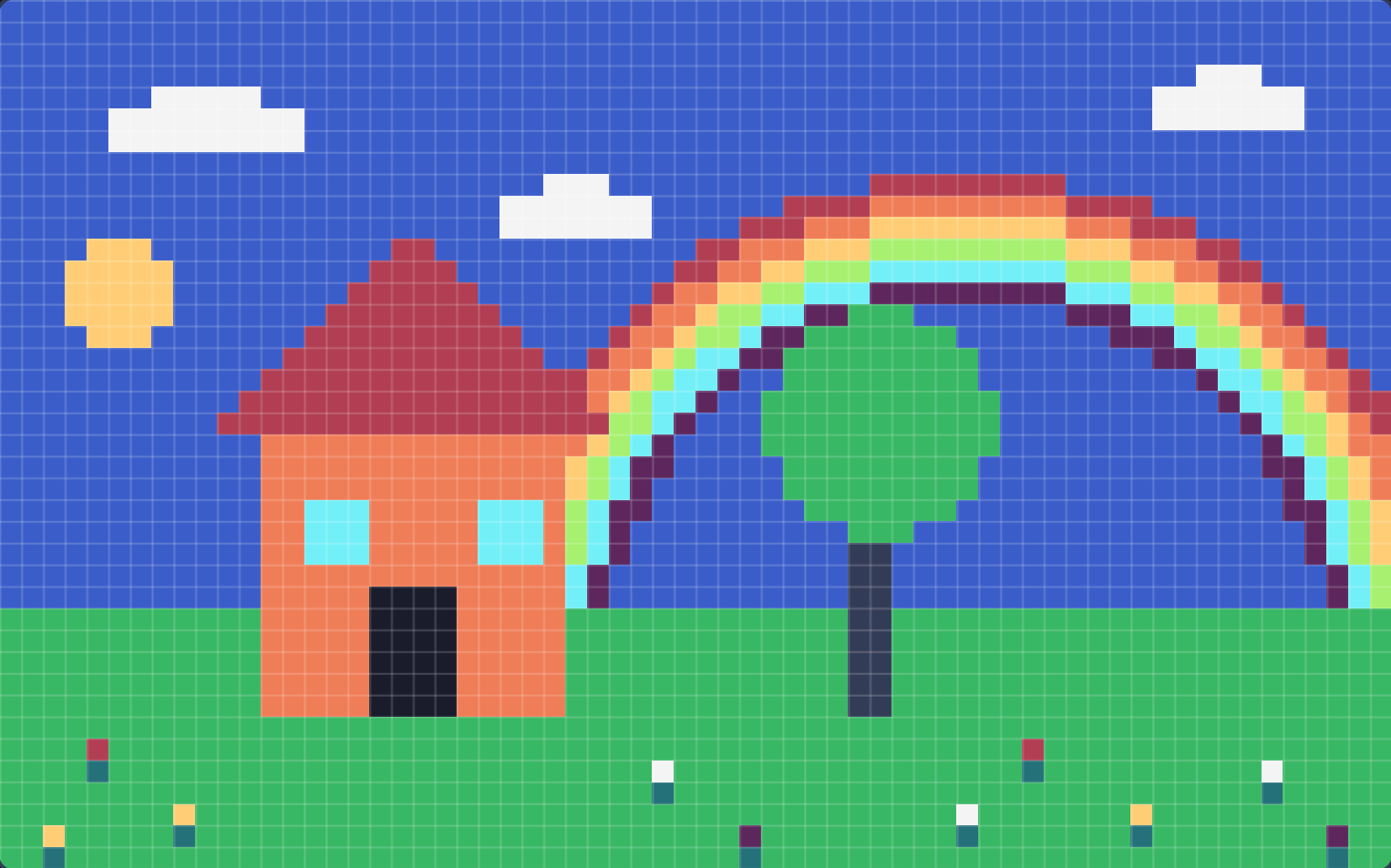 Eine Pixelwand voller Bild: ein Regenbogen über hellblauem Himmel, Wolken, eine Sonne, ein Haus mit rotem Dach, ein Baum und bunte Blumen auf der Wiese.