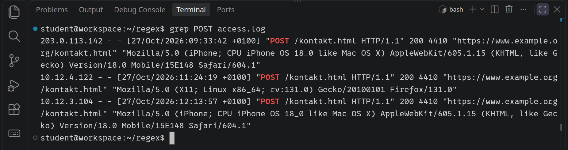 grep POST access.log gibt drei Zeilen aus, jede ein POST an /kontakt.html mit dem Status 200, und färbt das Wort POST in jeder Zeile rot.