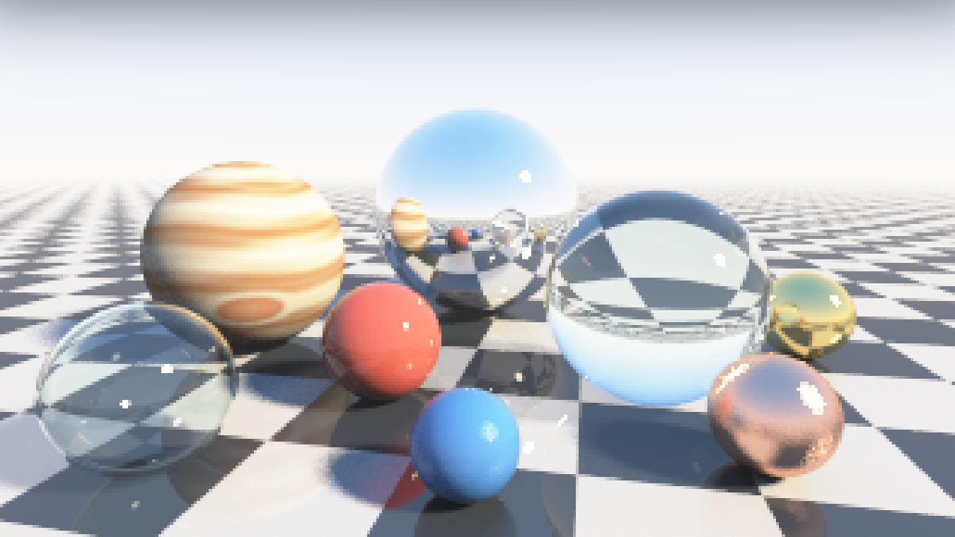Das fertige Bild, einmal heller belichtet, mit Tone Mapping: Über dem Horizont geht der Himmel in einem Verlauf in Weiß über, der Horizont bleibt zu sehen, auch in der Spiegelkugel, und Kugeln und Boden behalten ihre Kontraste.