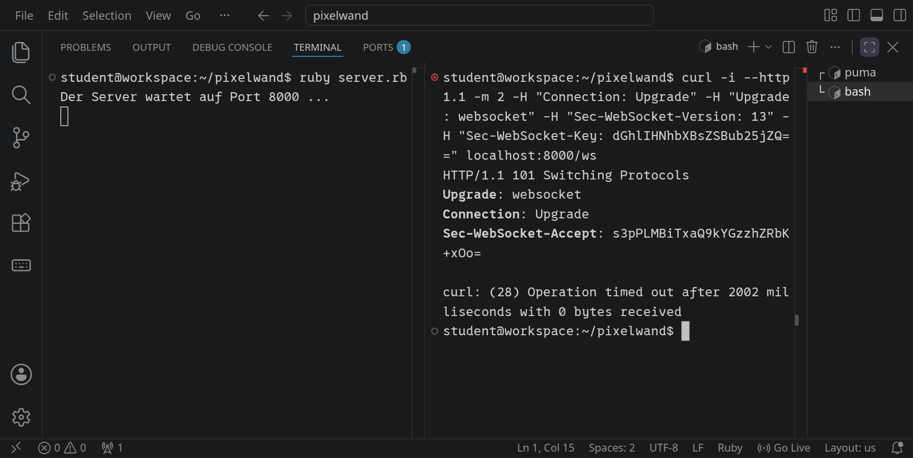 Rechts antwortet der Server auf die Anfrage von curl mit HTTP/1.1 101 Switching Protocols und Sec-WebSocket-Accept: s3pPLMBiTxaQ9kYGzzhZRbK+xOo=; nach zwei Sekunden gibt curl auf.