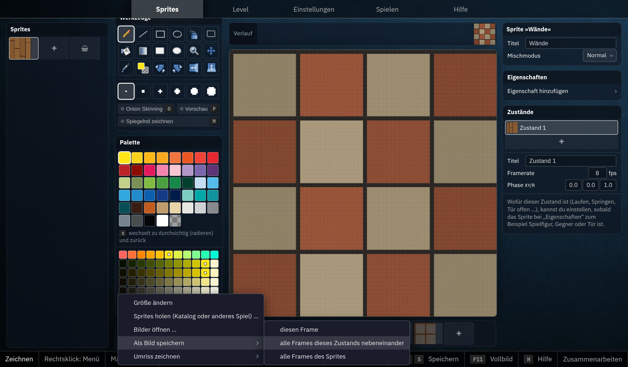 Im 2D Game Studio ist das Menü »Funktionen« › »Sprite« › »Als Bild speichern« offen, ausgewählt ist »alle Frames dieses Zustands nebeneinander«.
