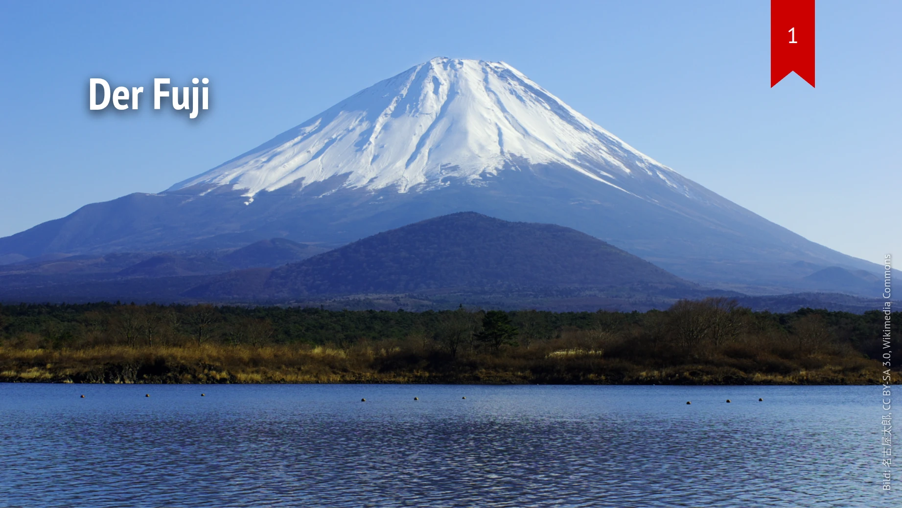Das Foto des Fuji füllt die ganze Folie; die Überschrift steht weiß darüber, unten rechts klein der Bildnachweis.