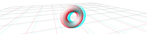 Ein rot-cyan gezeichneter Ring über einem Gitter, zum Ansehen mit einer 3D-Brille