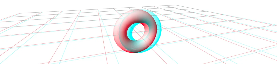 Ein rot-cyan gezeichneter Ring über einem Gitter, zum Ansehen mit einer 3D-Brille