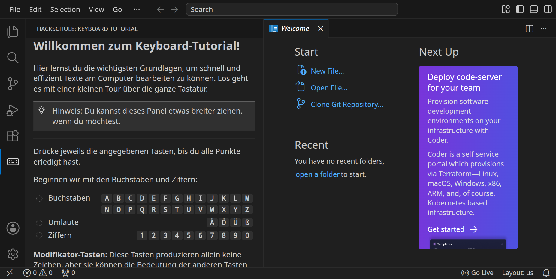 Links das Keyboard-Tutorial mit der Überschrift »Willkommen zum Keyboard-Tutorial!« und den ersten Tasten zum Ausprobieren, rechts der Editor.