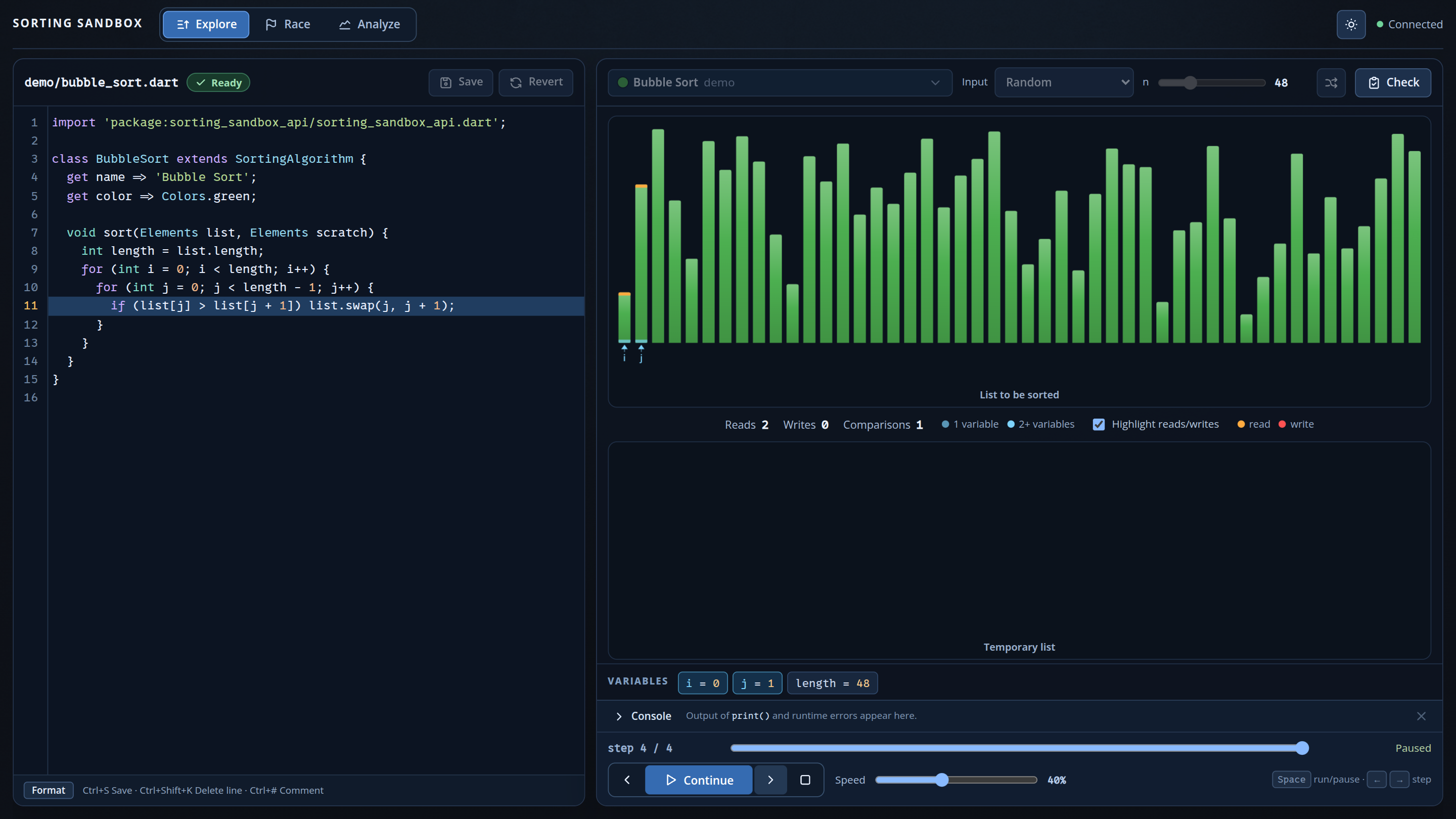 Explore: Bubble Sort im Einzelschritt mit markierter Quelltextzeile, Zeigern i und j und hervorgehobenen Zugriffen.
