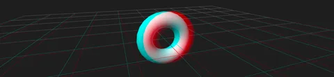 Ein rot-cyan gezeichneter Ring über einem Gitter, zum Ansehen mit einer 3D-Brille