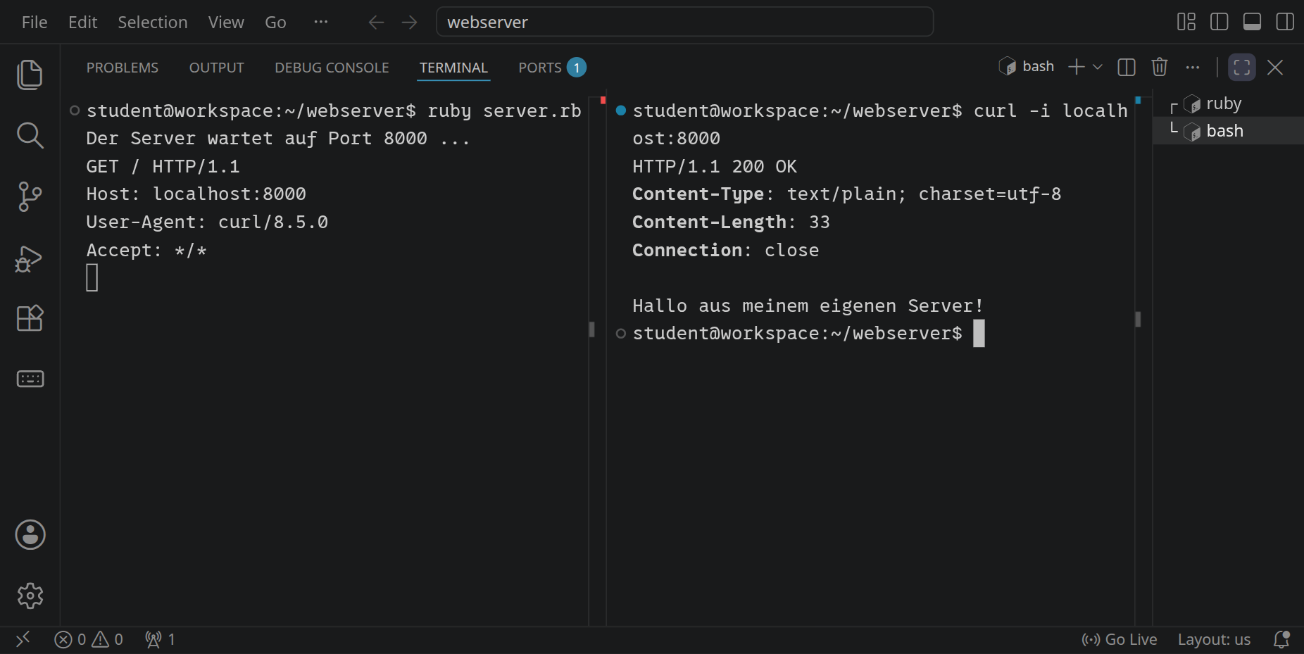 Rechts zeigt curl -i die Antwort des Servers: HTTP/1.1 200 OK, die Header und den Text »Hallo aus meinem eigenen Server!«.