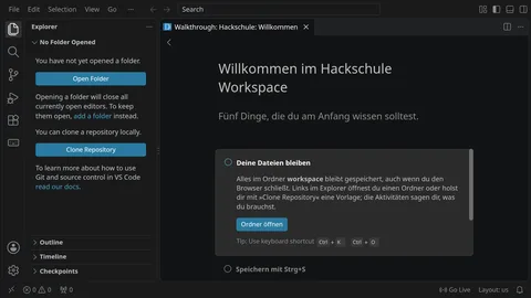 VS Code im Browser mit der Einführung »Willkommen im Hackschule Workspace« und dem leeren Explorer