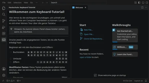 VS Code mit dem Keyboard-Tutorial in der Seitenleiste: Buchstaben, Umlaute und Ziffern zum Abhaken
