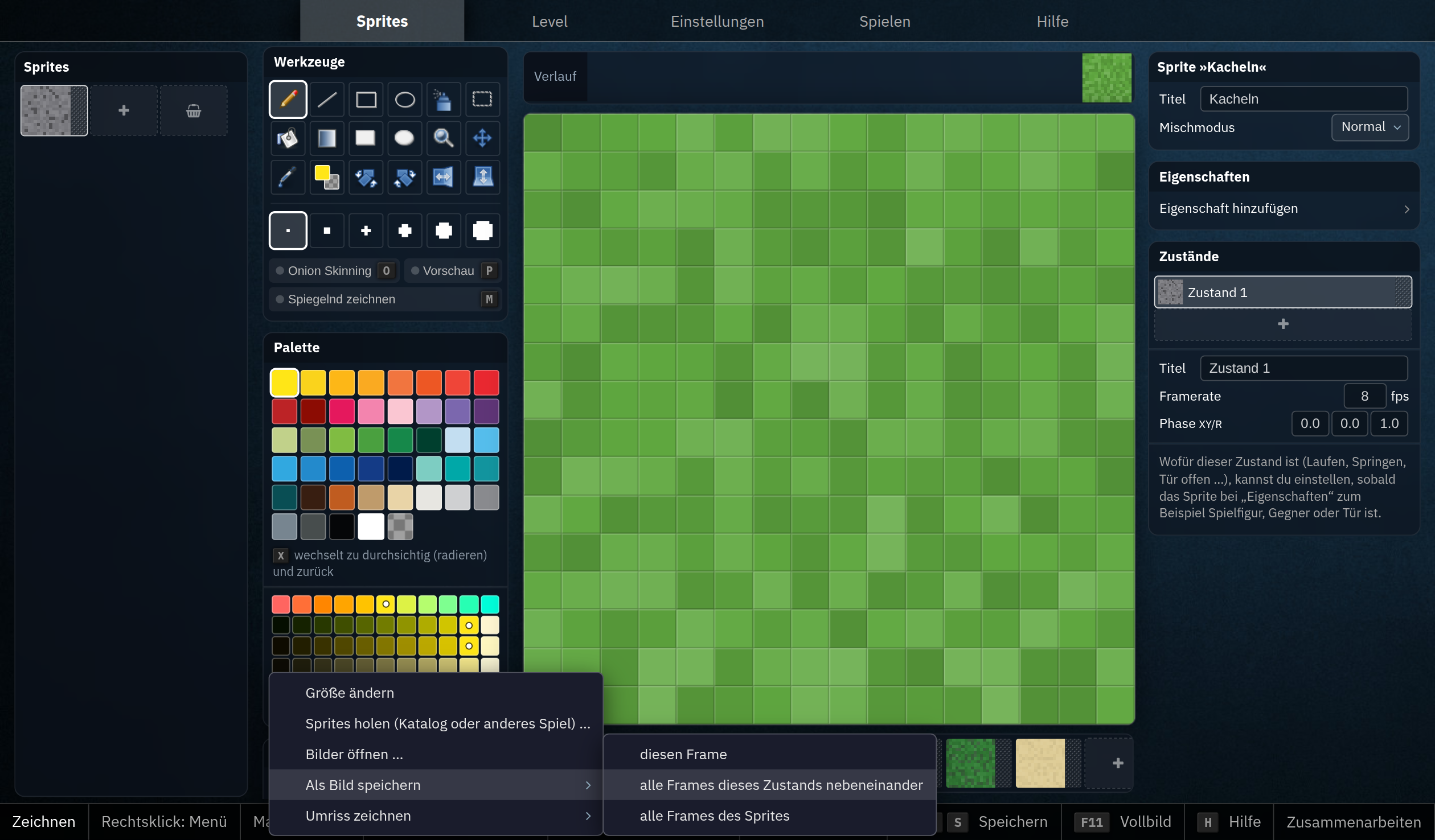 Im 2D Game Studio ist das Menü »Funktionen« › »Sprite« › »Als Bild speichern« offen, ausgewählt ist »alle Frames dieses Zustands nebeneinander«.