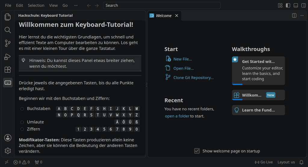 VS Code mit dem Keyboard-Tutorial in der Seitenleiste: Buchstaben, Umlaute und Ziffern zum Abhaken