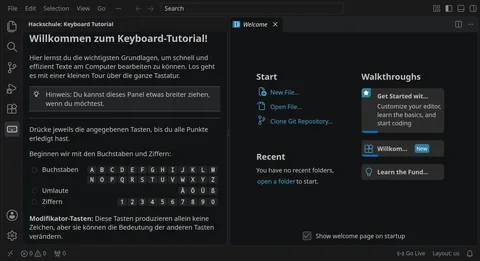 VS Code mit dem Keyboard-Tutorial in der Seitenleiste: Buchstaben, Umlaute und Ziffern zum Abhaken