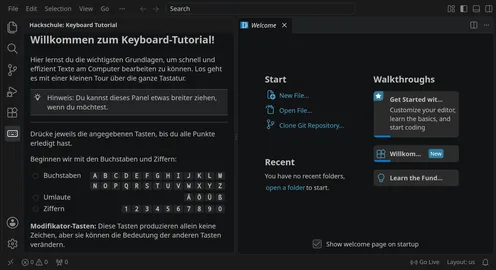 VS Code mit dem Keyboard-Tutorial in der Seitenleiste: Buchstaben, Umlaute und Ziffern zum Abhaken