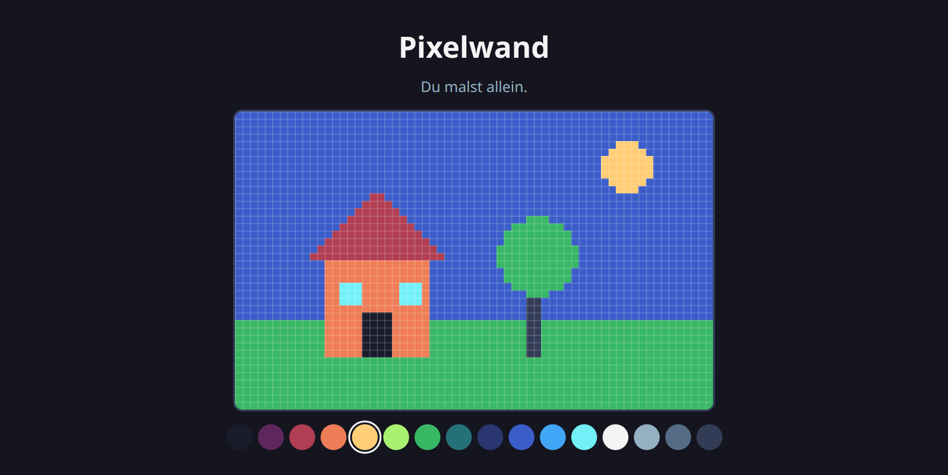 Die Pixelwand: blauer Himmel mit gelber Sonne, eine grüne Wiese, ein Haus mit rotem Dach und ein Baum. Darüber steht »Du malst allein.«, darunter eine Reihe runder Farbknöpfe, von denen Gelb ausgewählt ist.