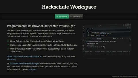 Die Startseite des Workspace mit einem kurzen Text, daneben VS Code mit einem kleinen Python-Programm im Terminal