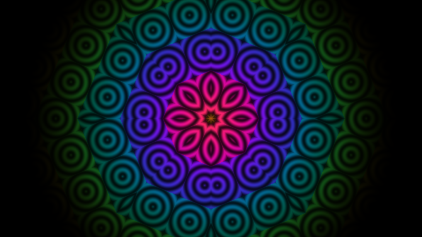Ein Kaleidoskop: in der Mitte ein pinker Stern aus acht Blättern, darum Ringe aus violetten und blauen Kreisen, außen türkise und grüne Kreise, die zum Rand hin im Schwarz verschwinden.