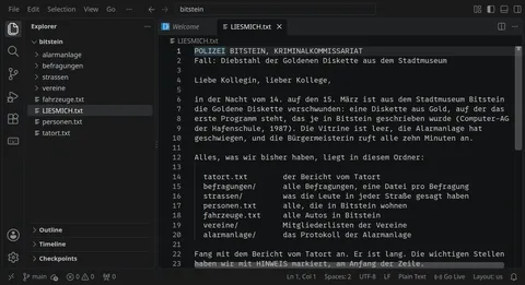 VS Code mit dem Ordner bitstein und dem Brief der Kriminalpolizei über die gestohlene Goldene Diskette