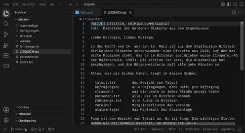 VS Code mit dem Ordner bitstein und dem Brief der Kriminalpolizei über die gestohlene Goldene Diskette
