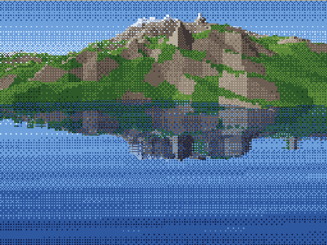 Eine Landschaft mit grünen Hügeln, die sich in einem See spiegeln.